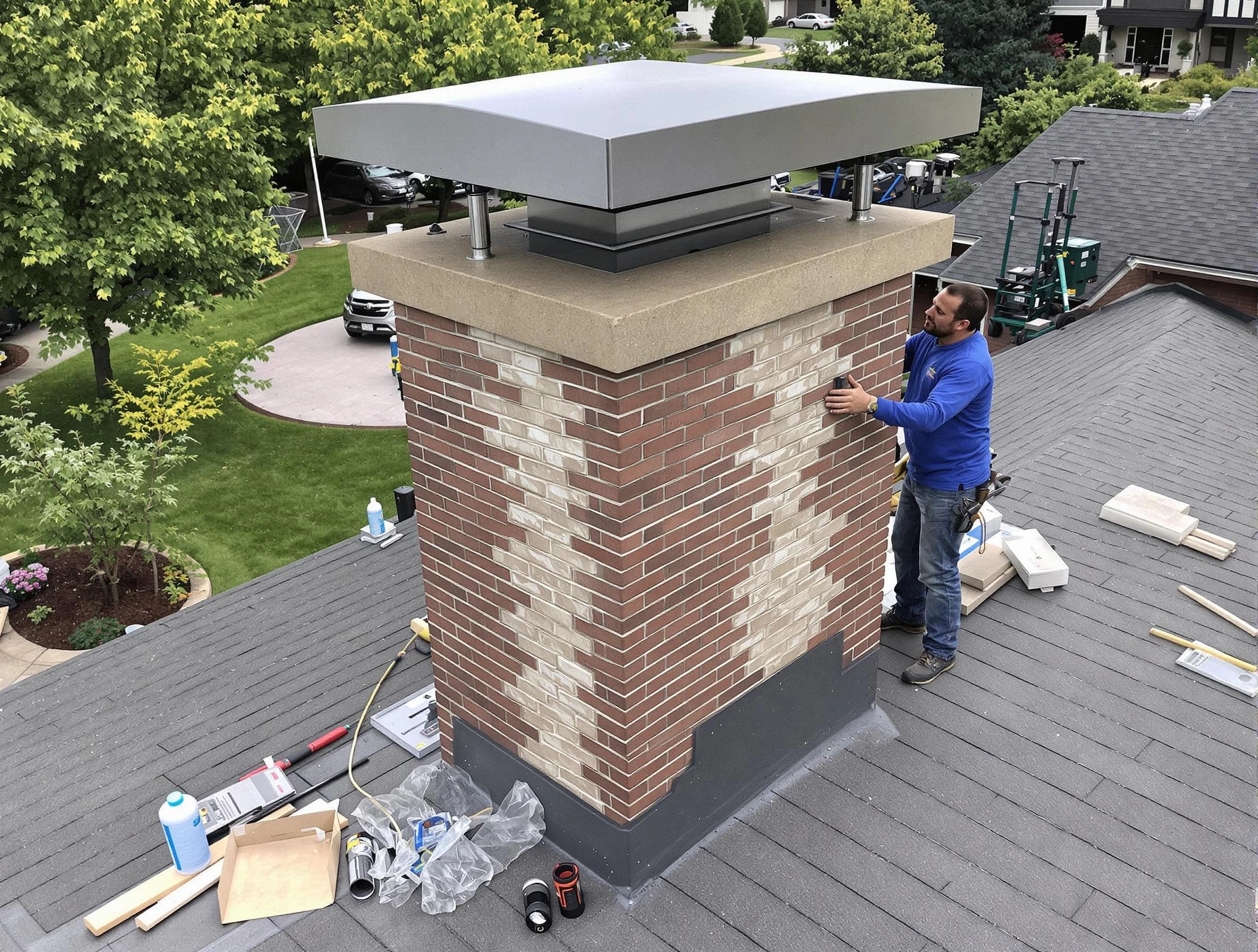 Tewksbury Chimney Sweep team working on a custom chimney remodel in Tewksbury, MA
