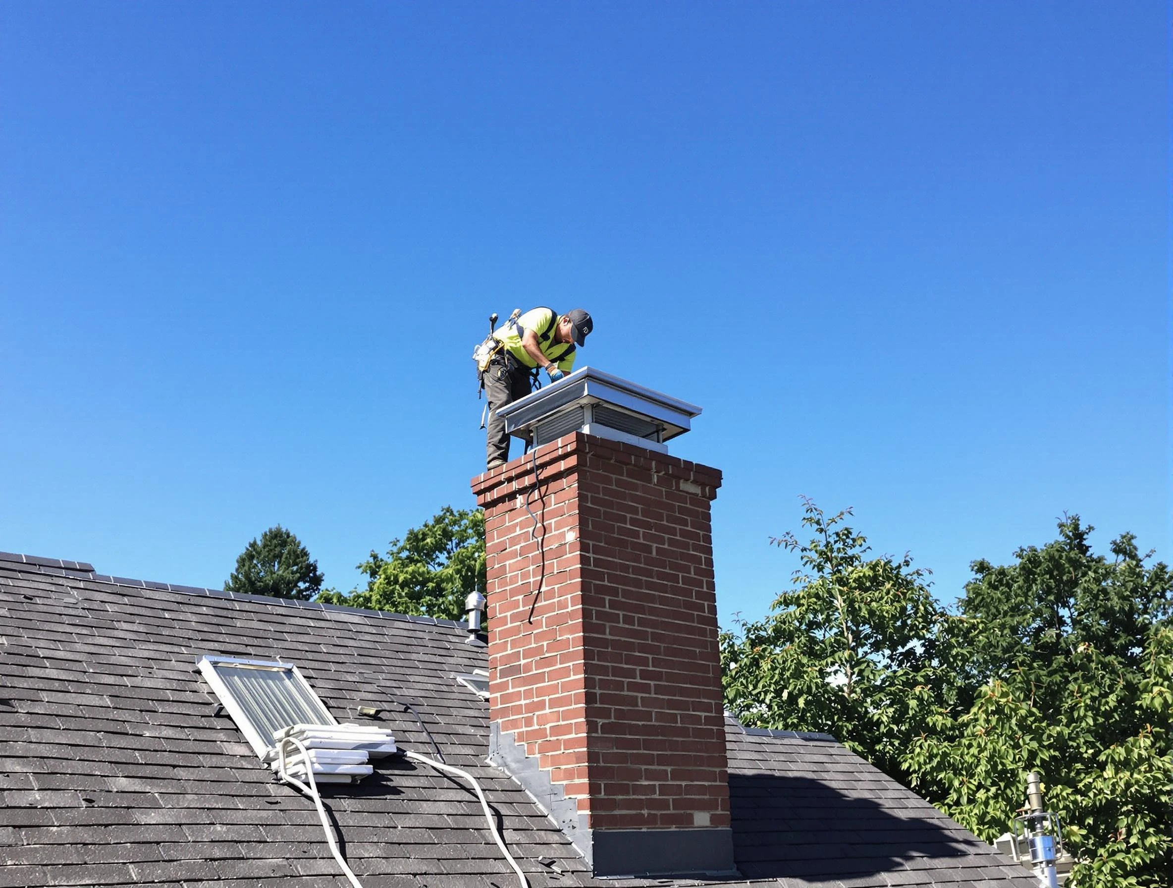 Tewksbury Chimney Sweep technician measuring a chimney cap in Tewksbury, MA